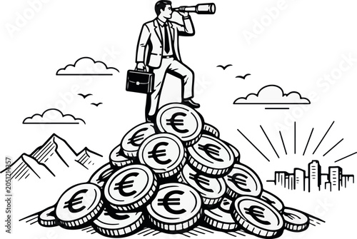 Business Success Concept with Euro Coin Stack Mountain, Visionary Entrepreneur Leadership, Financial Growth Investment Strategy Illustration