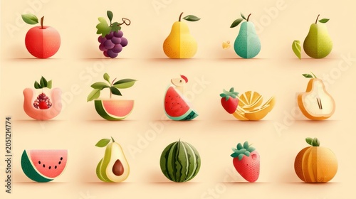 Collection of stylized, colorful illustrations depicting various types of fresh produce arranged in a grid format.