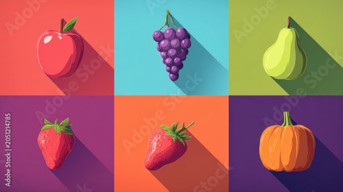 Assortment of colorful stylized produce items displayed in a six panel grid design