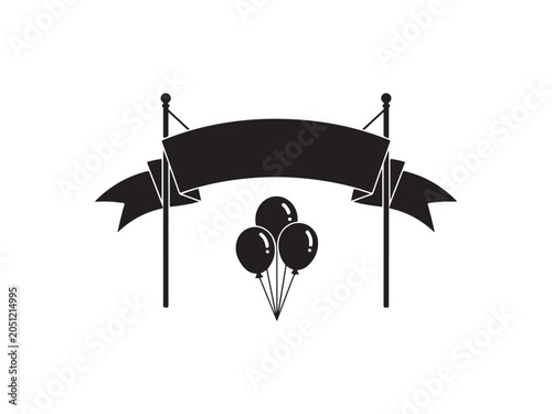 Black Silhouette Celebration Banner Hanging on Poles with Three Balloons Underneath