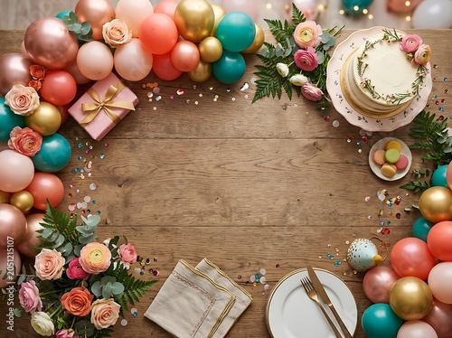Birthday Celebration Background with Balloons Cake Flowers and Copy Space on Wooden Table