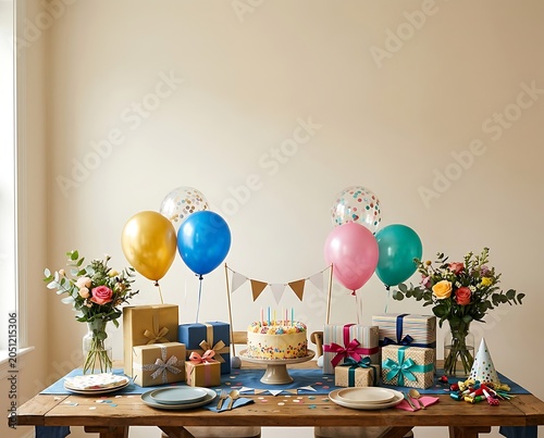 Birthday Party Celebration with Cake Gifts and Balloons on Wooden Table