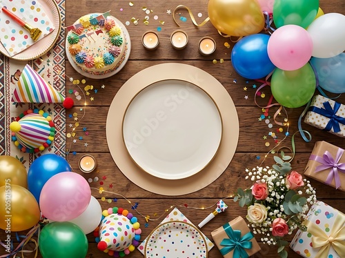 Birthday Party Table Setting with Balloons Cake Gifts and Empty Plate for Text
