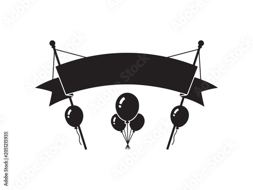 Black Silhouette Ribbon Banner Suspended on Poles with Festive Party Balloons