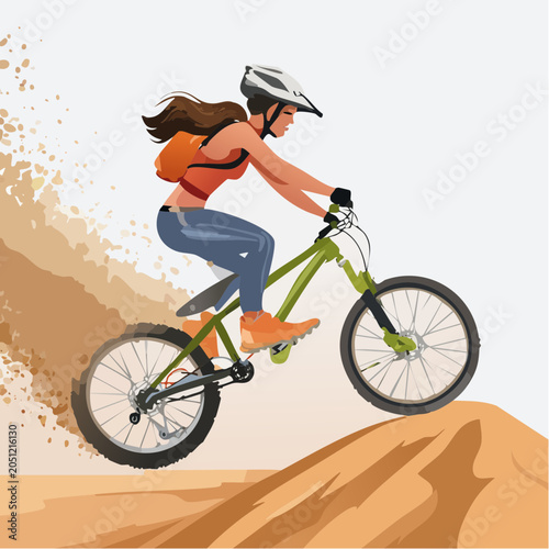 Young woman mountain biking downhill on a sandy trail, kicking up dust