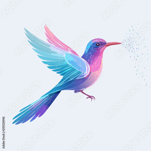 Ethereal Hummingbird in Mid-Flight, Blending Gradient Hues and Magical Sparkle with Dynamic Wings