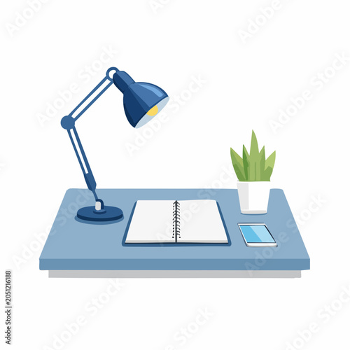 Productive Workspace Desk Setup with Modern Lamp, Open Notebook, and Smartphone for Study or Work