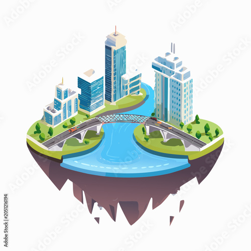 Isometric city island with skyscrapers, bridges, and river on a white background