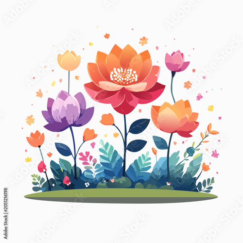 Vibrant Collection of Blooming Flowers and Greenery in a Whimsical Garden Setting