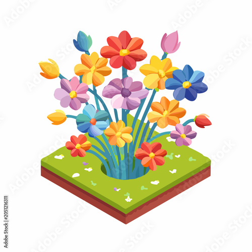 Vibrant isometric spring flowers blooming from a green grassy square
