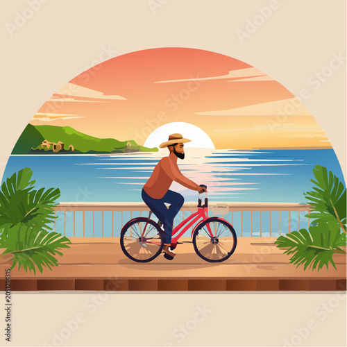 Bearded cyclist on a joyful seaside journey, pedaling into the vibrant sunset over tranquil ocean waters