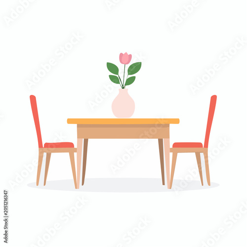 Clean illustration of an inviting dining table with two chairs and a decorative flower vase, ideal for home and restaurant interior designs