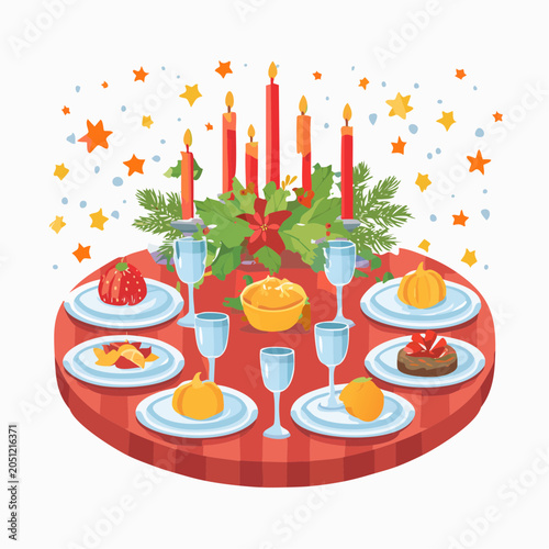 Festive Holiday Table Setting with Candles, Food, and Decorations