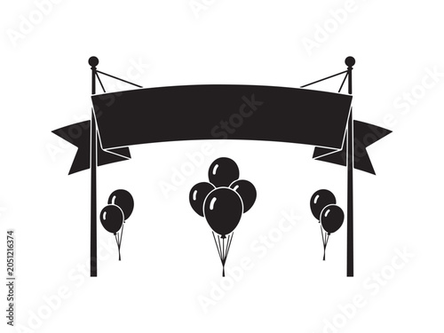 Black Festive Banner Stretched Between Two Poles with Bunches of Helium Balloons Underneath