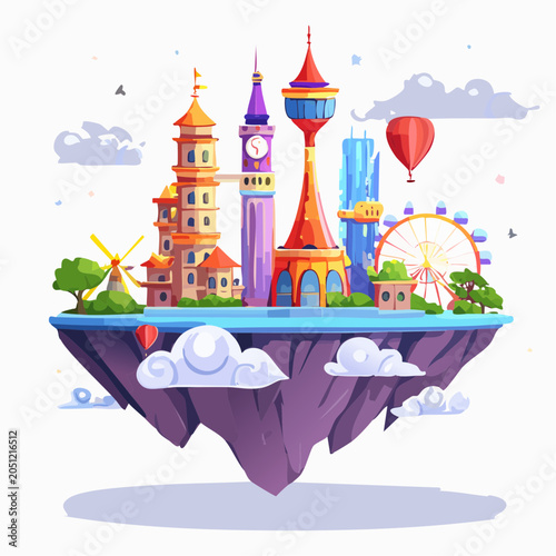 Dreamlike global city panorama featuring diverse architecture on a fantastical floating island