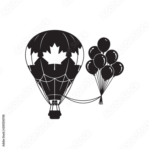 Canadian Maple Leaf Hot Air Balloon Carrying Bunch of Helium Balloons Silhouette