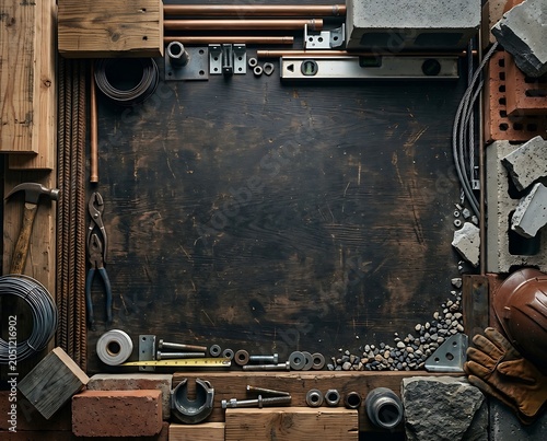 Construction Tools and Building Materials Framing a Dark Wood Surface