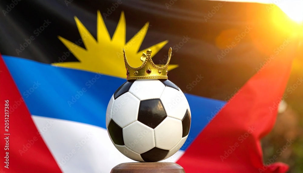 Fototapeta premium Crowned soccer ball before Antigua flag radiates resilience, clarity, and triumph; a vivid emblem of national pride, excellence, and transformation within sport.