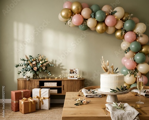 Elegant first birthday party setup with balloon arch and cake