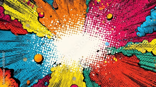 Colorful comic style explosion background with vibrant paint splashes halftone texture and dynamic radial burst pattern effect backdrop