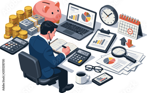 Business Accounting and Financial Analysis Workspace with Accountant Managing Budget Reports, Tax Documents, Calculator and Analytics