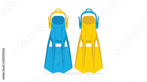 Colorful blue and yellow scuba diving fins standing upright on a solid white background