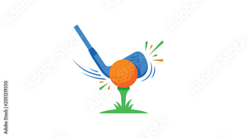 Blue golf club hitting orange golf ball from tee stylized vector illustration on white background