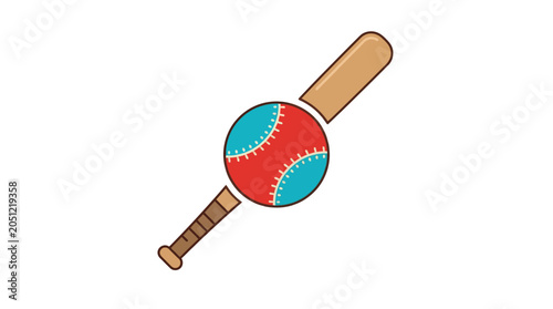Cute cartoon baseball bat and ball red teal brown crossed on white background