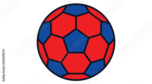 Colorful red and blue soccer ball illustration with geometric panels isolated on a pure white background