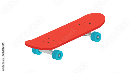 Isometric vector illustration of a red skateboard with bright cyan wheels on a clean white background