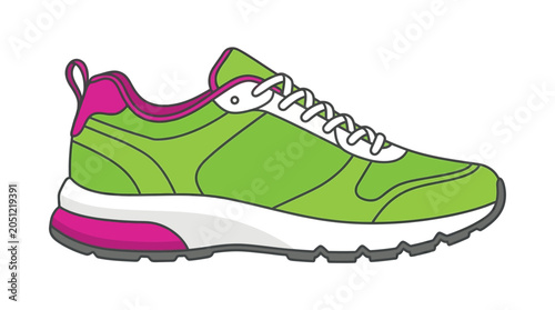 Modern lime green and magenta running shoe in side profile vector illustration on a pure white background