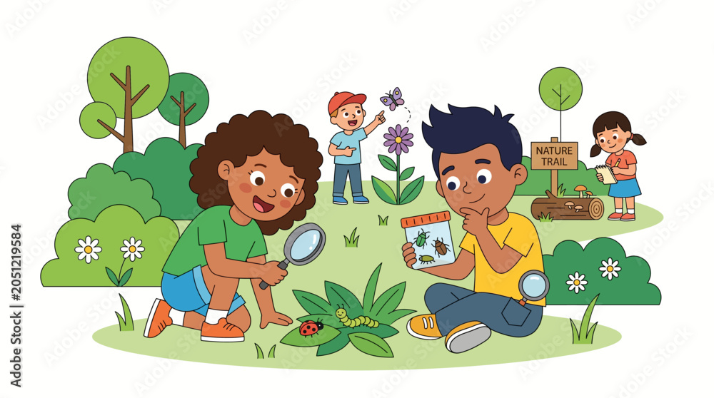 Naklejka premium Outdoor summer camp activities Children exploring nature and insects with magnifying glass and bug jar