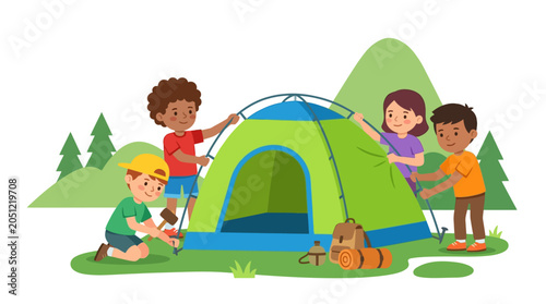 Diverse group of children engaging in fun summer camp activities, setting up a tent together outdoors