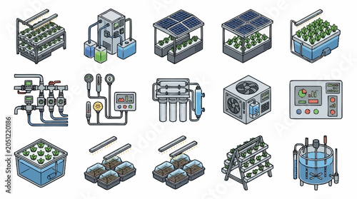 Bild auf Leinwand Hydroponic Farming Equipment and Systems Isometric Icons.