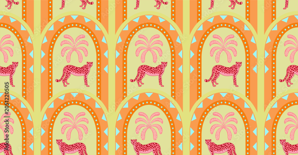 Fototapeta premium Vector Hand drawn colourful geometric flowers, palm tree,pink cheetah seamless patterns for fabric tropical Pattern, textiles, clothing, wrapping paper, backdrop, banner. 
