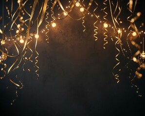Golden Streamers and Glowing Fairy Lights on Dark Festive Celebration Background