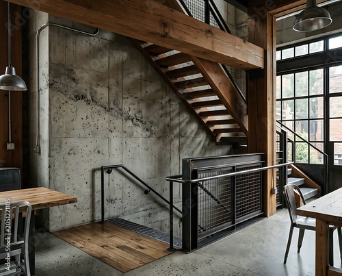 Industrial interior design featuring wooden staircase and concrete wall