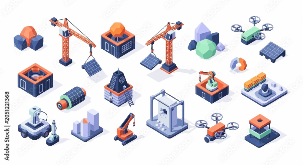 Fototapeta premium Isometric construction and technology elements including cranes, drones, robots, and abstract shapes for design.