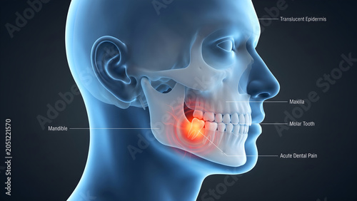 3D medical illustration of a human head showing acute dental pain in the lower jaw, highlighting mandible and molar tooth with labels.