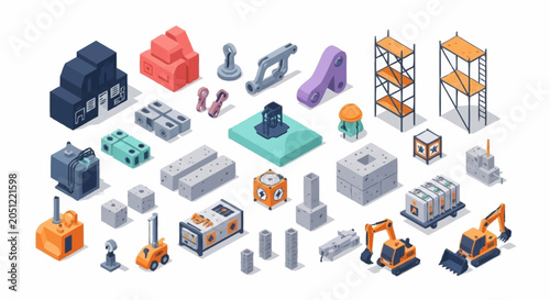 Cuadro en lienzo Isometric 3D elements of construction, industry, and logistics, including machinery, building blocks, and storage systems