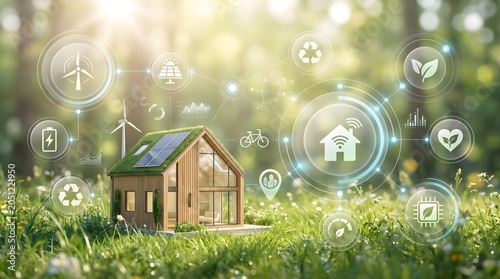 Modern eco-friendly house with solar panels and green energy technology icons