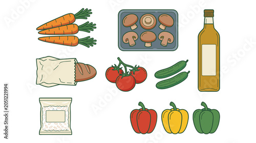 Hand drawn grocery food icons with vegetables bread rice and oil