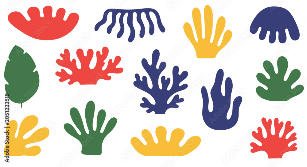 Fototapeta premium A vibrant collection of abstract, colorful marine plant and coral-like shapes in a flat, cut-out style, featuring red, blue, yellow, and green organic forms.