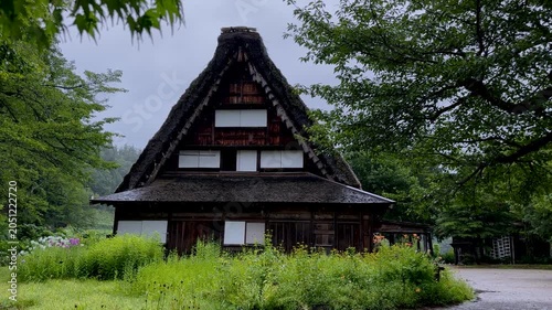 Static wide shot of traditional gassho-zukuri house surrounded by lush greenery in rainy Shirakawa-go village, Japan