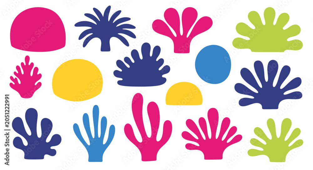 Fototapeta premium Vibrant collection of abstract marine plant and coral shapes in various colors, perfect for underwater graphic designs.