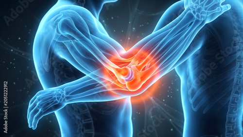 3D rendering of a human arm with the elbow joint highlighted in red, symbolizing pain, injury, or inflammation in the skeletal and muscular system.