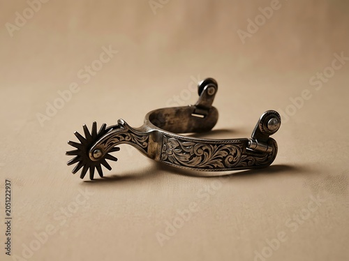 Ornate Silver Cowboy Spur with Engraved Floral Patterns on Tan Background