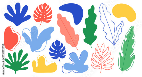 Collection of abstract colorful organic shapes and stylized tropical leaves in a modern flat design style, perfect for contemporary graphic resources.