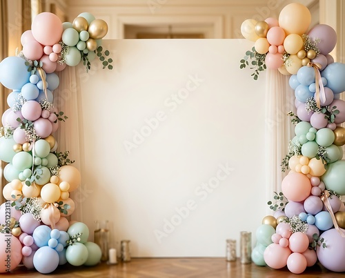 Pastel Balloon Arch and White Backdrop for Event Photo Booth