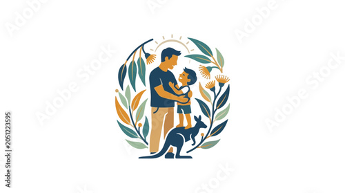 Tableau sur toile Father and Son Hugging with Kangaroo and Leafy Frame Illustration